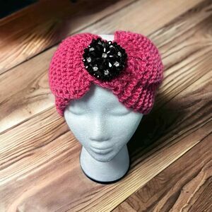 NYC Touch Hand Knit Raspberry Embellished Headband Winter Warm